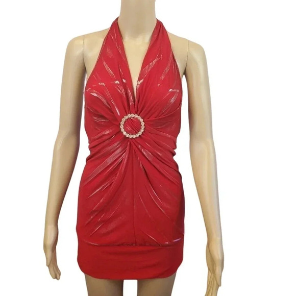 Red and Silver Halter top  Bodycon Party Dress Thigh Length Dress Size 7ish. - Picture 1 of 8